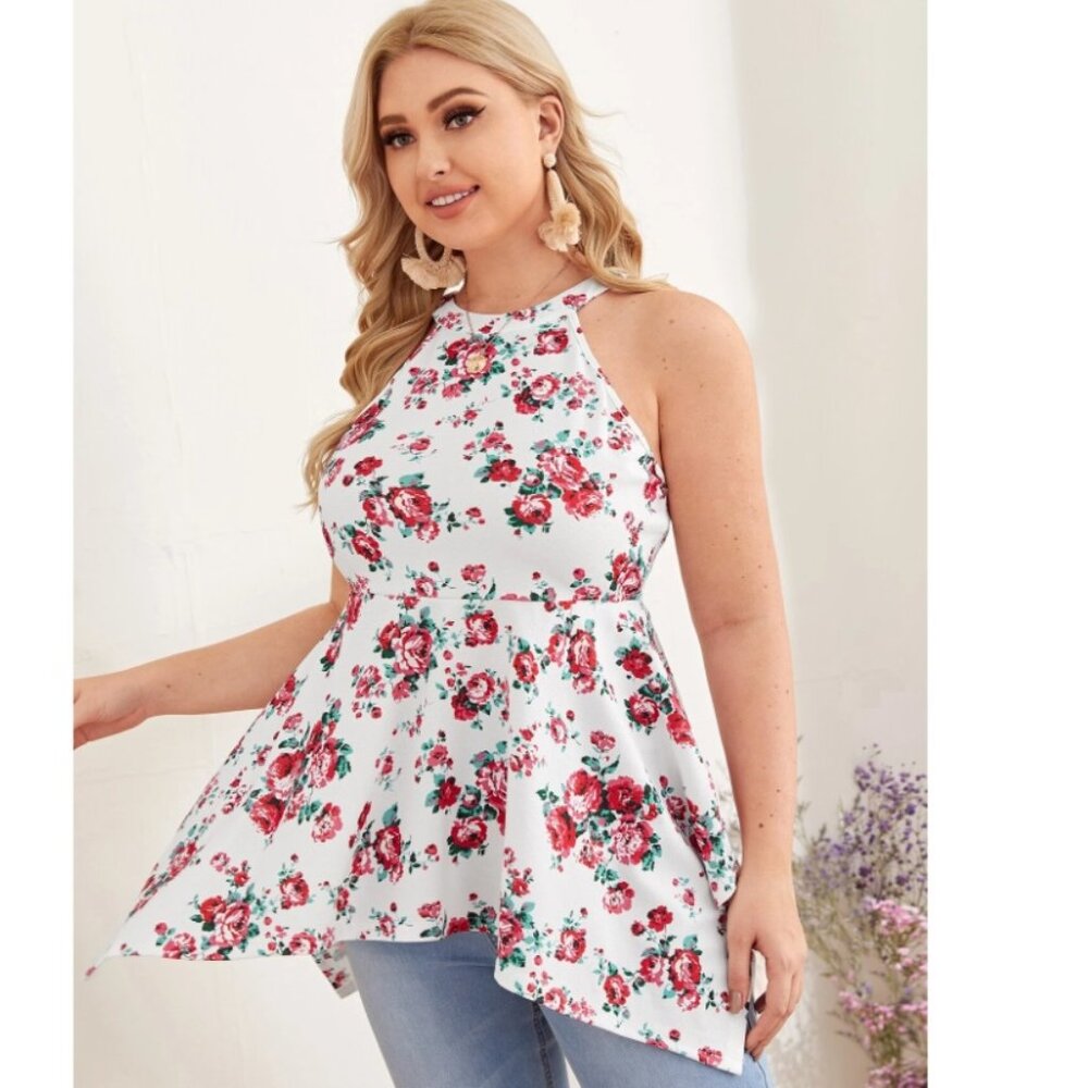 Shein Curve Allover Floral Print Ruffle Hem Halter Top Size 4XL